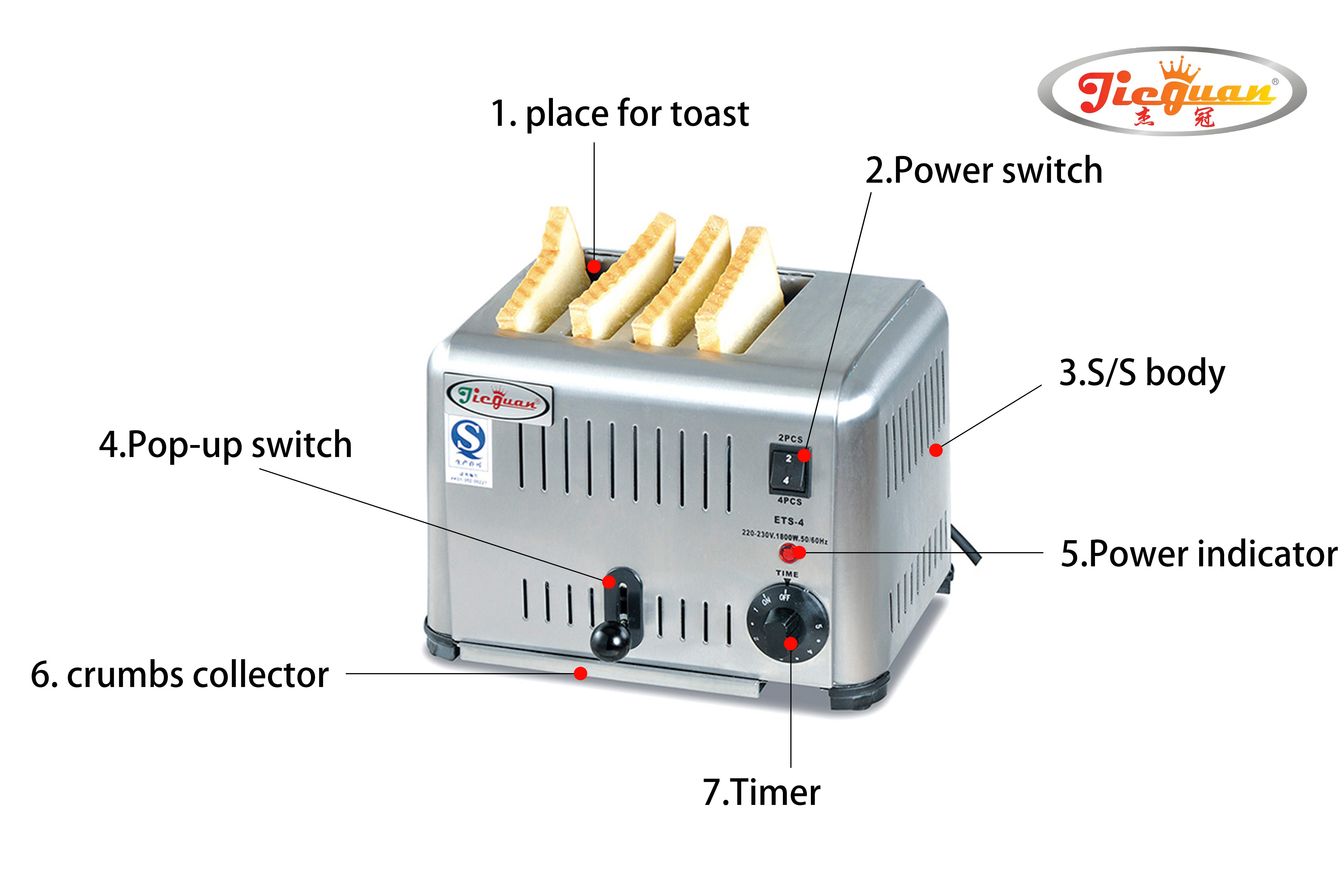 Tostador de pan eléctrico de 4 rebanadas