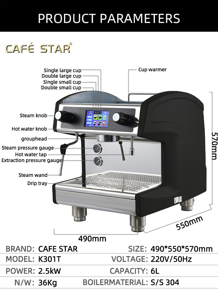 Cafetera profesional de un solo grupo, 9 bar, semiautomática, eléctrica, 6L